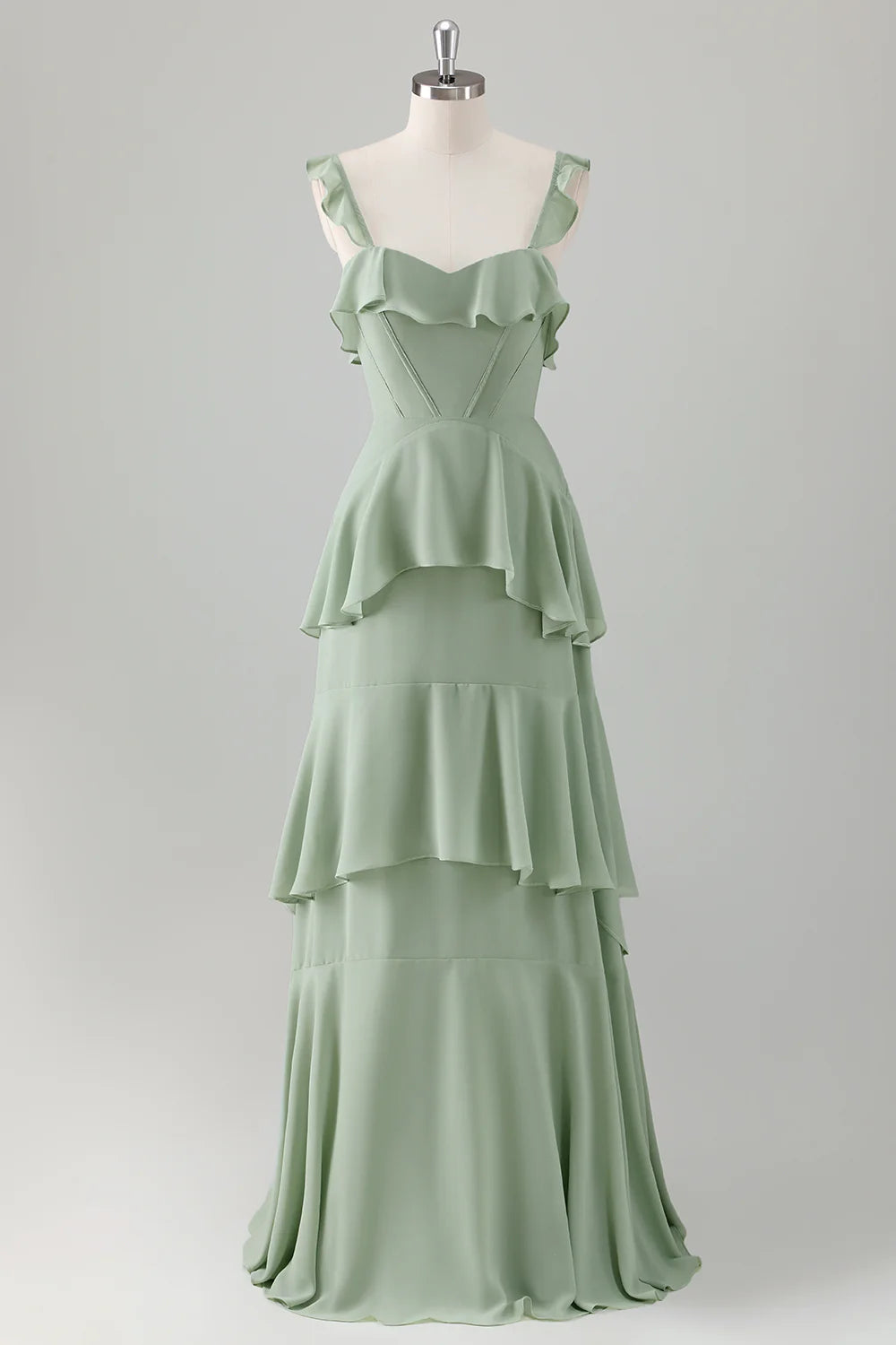 Beaira Light Green A-Line Square Neck Chiffon Tiered Long Bridesmaid Dress Bridesmaid dress shop