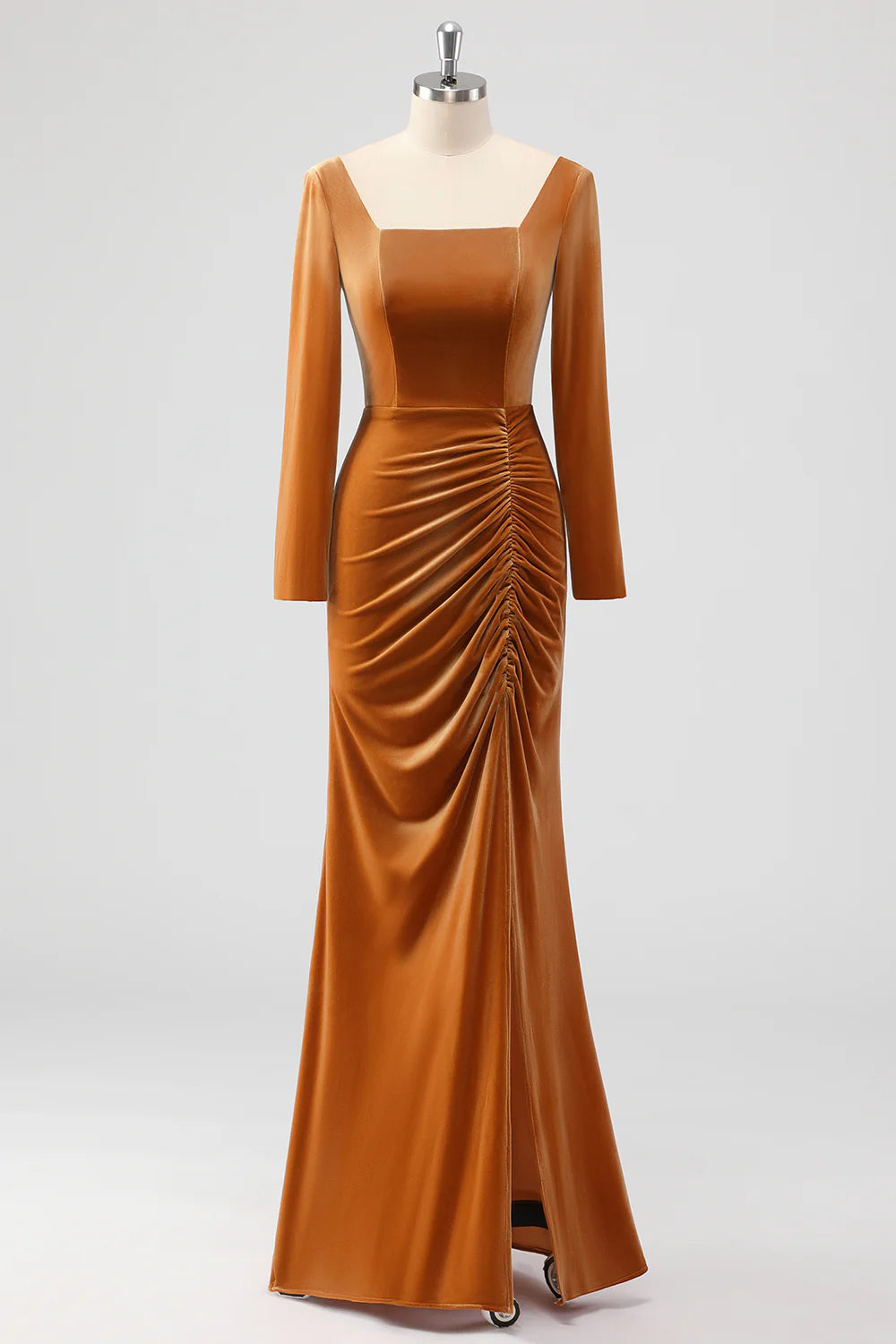 Beaira Elegant Brown Mermaid Square Neck Ruched Long Sleeves Velvet Bridesmaid Dress with Slit