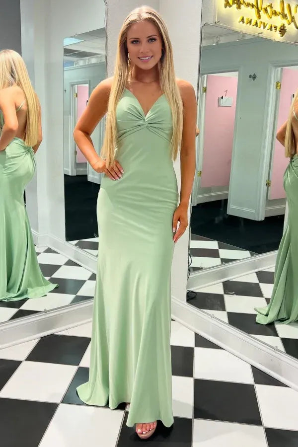 Beaira Simple & Casual Mermaid V Neck Spaghetti Straps Sleeveless Pleated Open Back Prom Party Dress Cocktail Dress