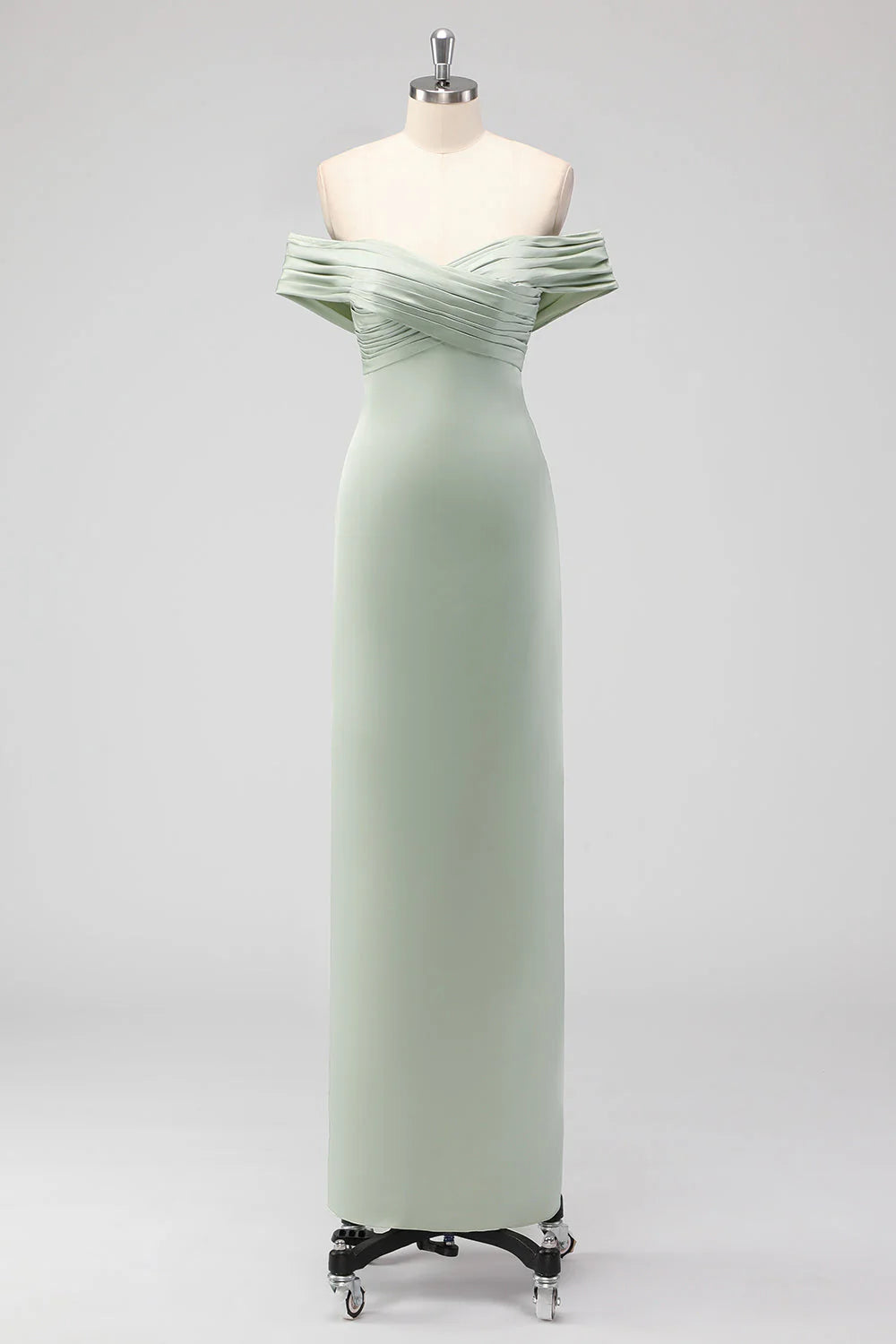 Beaira Simple Sage Green Sheath Off the Shoulder Ruched Satin Long Bridesmaid Dress New Arrivals