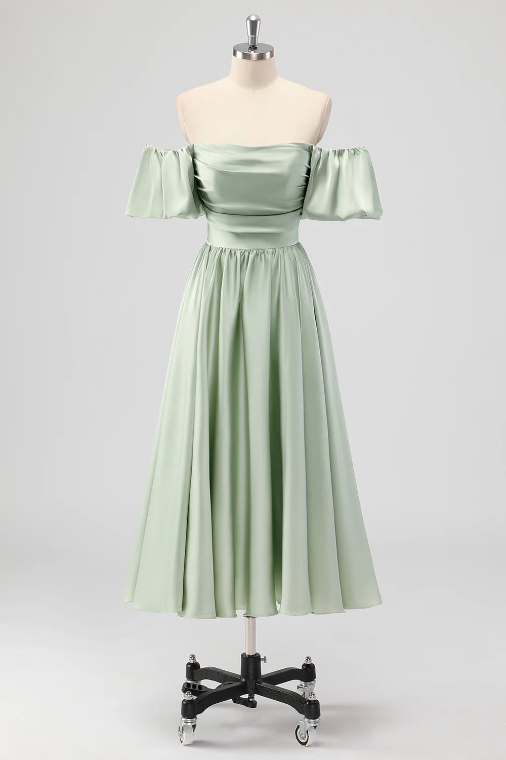 Beaira Elegant Sage Green A Line Off The Shoulder Ruched Tea-Length Satin Bridesmaid Dress