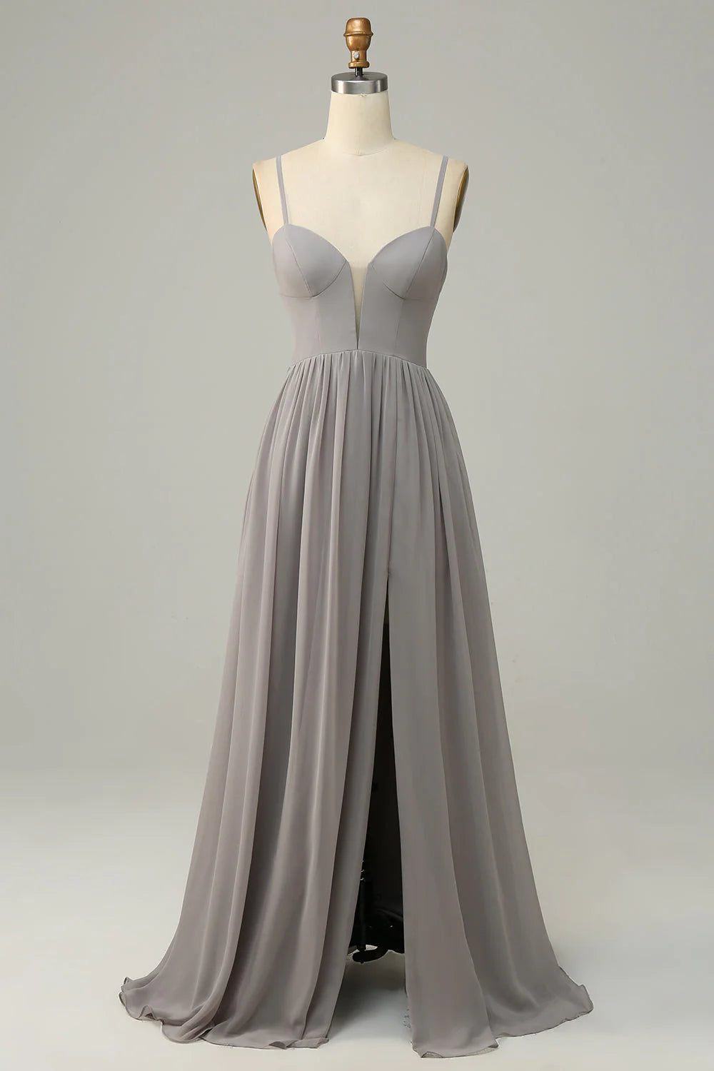 Beaira Silver A Line Spaghetti Straps Long Bridesmaid Dress With Slit Bridesmaid dress shop