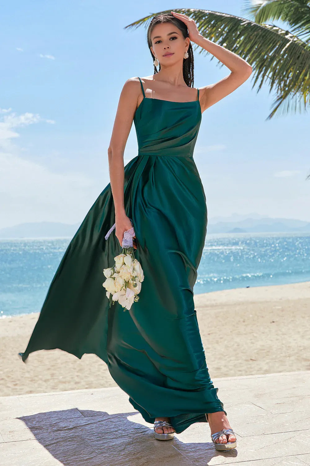 Beaira Dark Green A Line Spaghetti Straps Ruched Satin Bridesmaid Dress Bridesmaid dress shop 