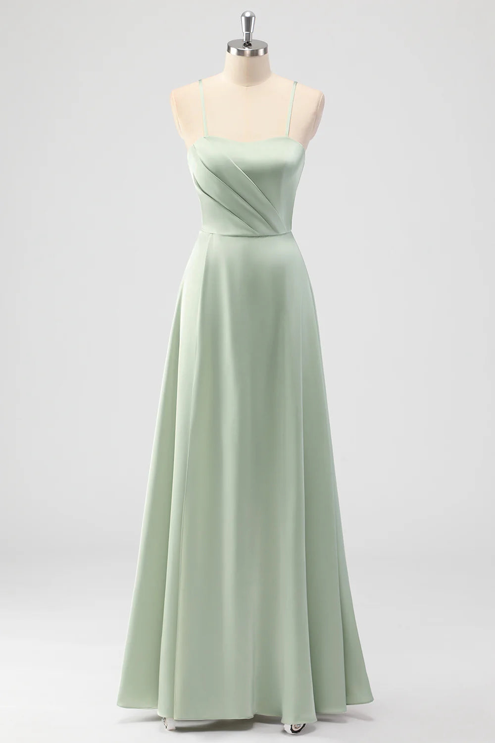 Beaira Elegant Sage Green A Line Spaghetti Straps Pleated Satin Long Bridesmaid Dress