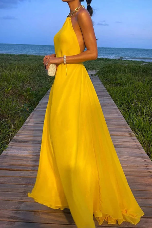 Beaira Elegant Solid Backless Halter Evening Dress Dresses formal wear dresses - Yellow