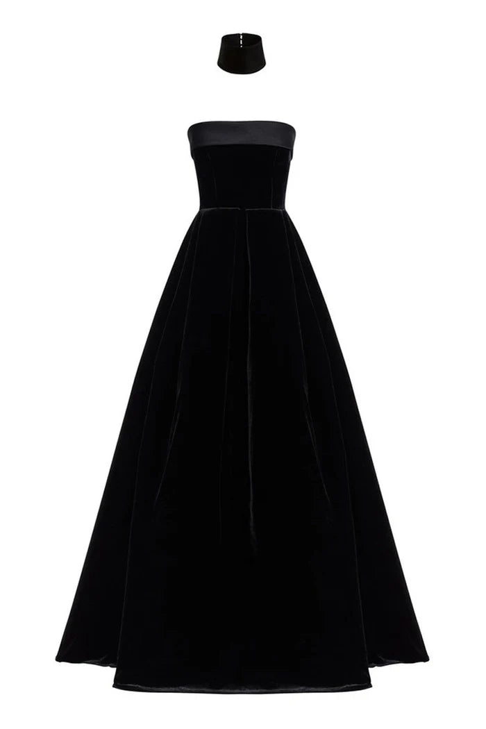 Beaira Simple Regal Choker Fold Over Strapless Fit & Flare Velvet Evening Maxi Dress