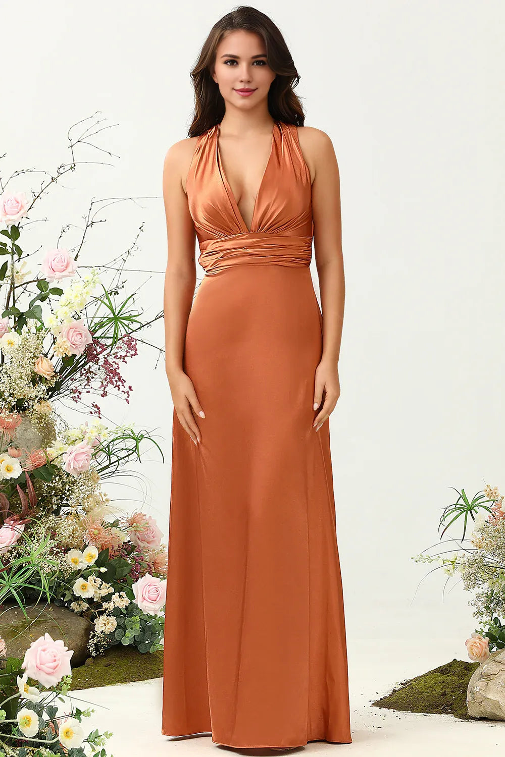 Beaira Copper A Line V Neck Bright Satin Bridesmaid Dress with Open Back Bridesmaid dress shop 