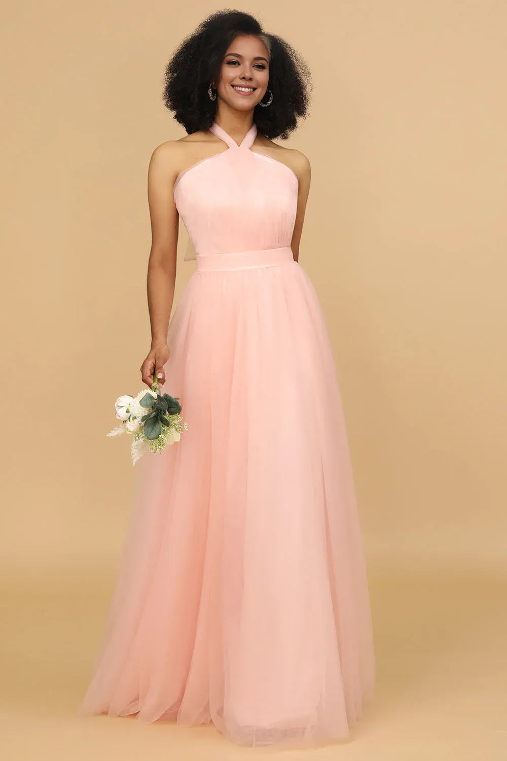 Beaira Blush A Line Halter Floor Length Tulle Bridesmaid Dress Bridesmaid dress shop
