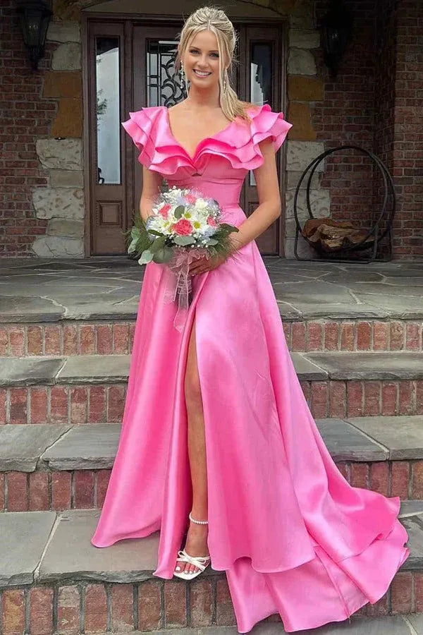 Beaira Cute A-Line V Neck Sleeveless Ruffles V Back High Side Slit and Train Back Zipper Prom Dress Evening Party Gown