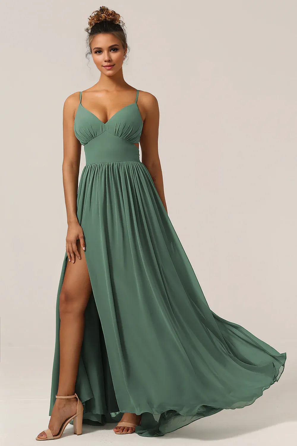 Beaira Eucalyptus A-Line Spaghetti Straps Floor Length Chiffon Bridesmaid Dress with Slit Bridesmaid dress shop