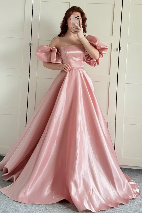 Beaira Simple & Casual A-Line Strapless Detachable Puffy Sleeves Prom Party Dress Floor Length Formal Evening Gown