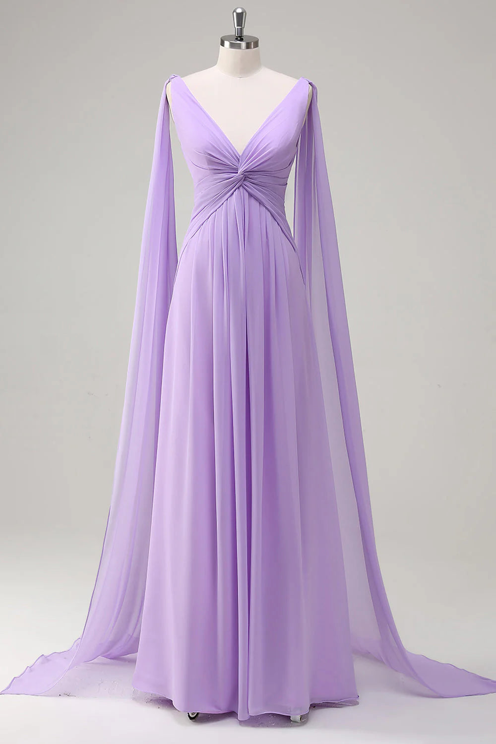 Beaira Elegant Lilac A-Line V Neck Chiffon Long Bridesmaid Dress with Flowing Cape Sleeves