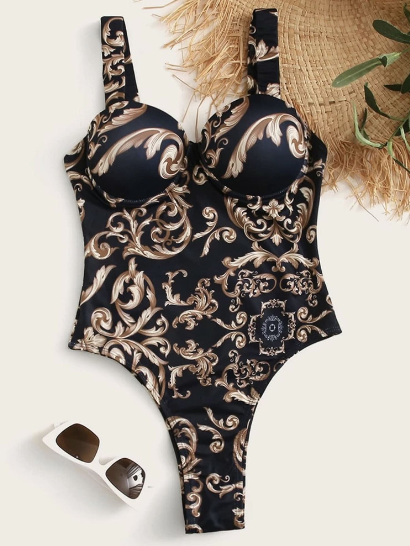 Criss Cross Front Print Removable Pad Swimsuit