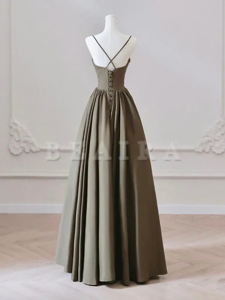 Beaira A-Line V Neck Satin Olive Green Long Prom Dress Long Evening Dress prom shop dresses