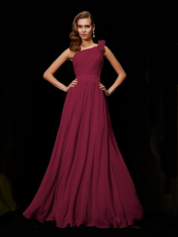 A-Line/Princess One-Shoulder Sleeveless Hand-Made Flower Long Chiffon Bridesmaid Dresses