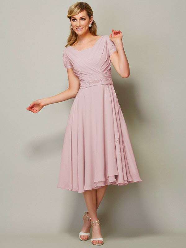 Sheath/Column Bateau Short Sleeves Ruffles Short Chiffon Tea-Length Bridesmaid Dresses
