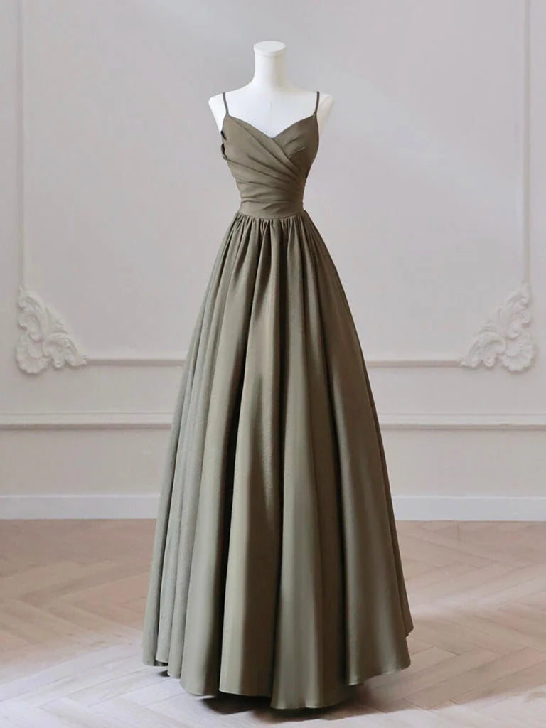 Beaira A-Line V Neck Satin Olive Green Long Prom Dress Long Evening Dress prom shop dresses
