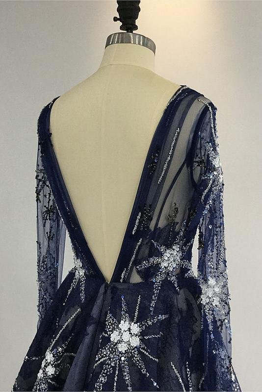 A Line Navy Blue Long Sleeve Beads Open Back Tulle Short Cocktail Dress Homecoming Dress