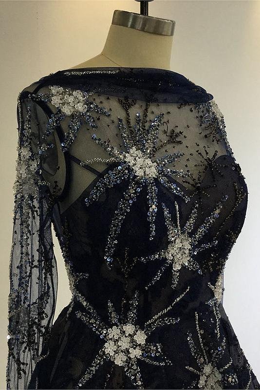 A Line Navy Blue Long Sleeve Beads Open Back Tulle Short Cocktail Dress Homecoming Dress
