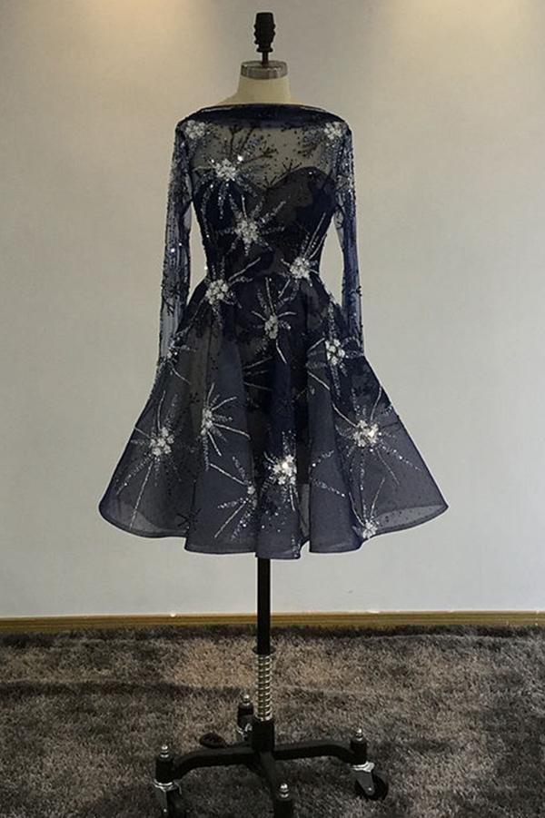 A Line Navy Blue Long Sleeve Beads Open Back Tulle Short Cocktail Dress Homecoming Dress