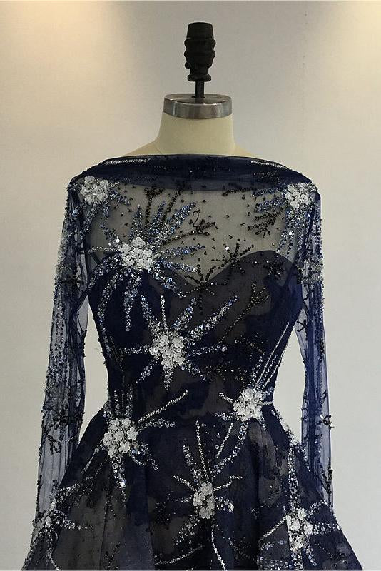 A Line Navy Blue Long Sleeve Beads Open Back Tulle Short Cocktail Dress Homecoming Dress