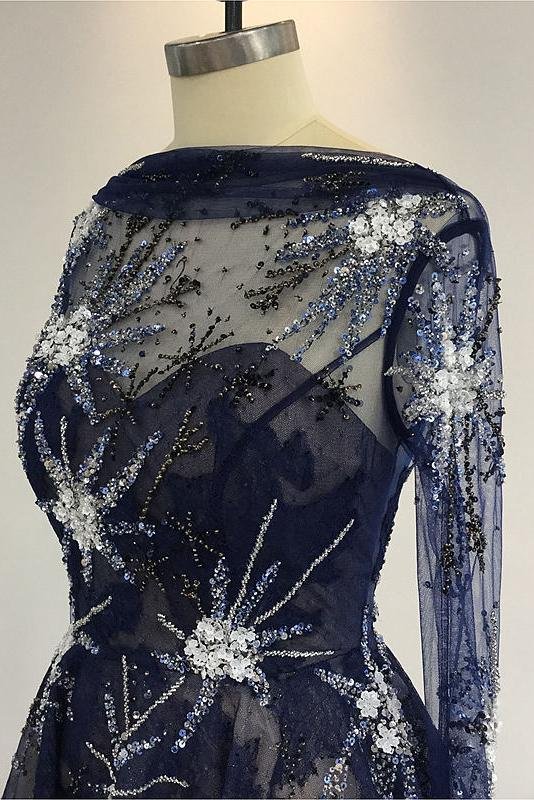 A Line Navy Blue Long Sleeve Beads Open Back Tulle Short Cocktail Dress Homecoming Dress