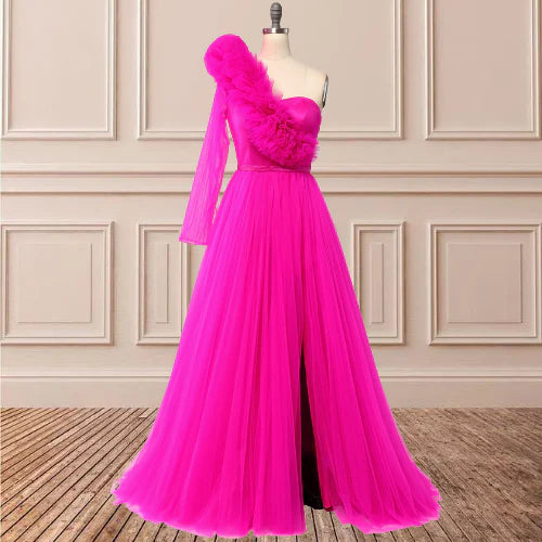 A Line One Shoulder Long Sleeves Prom Dresses With Slit