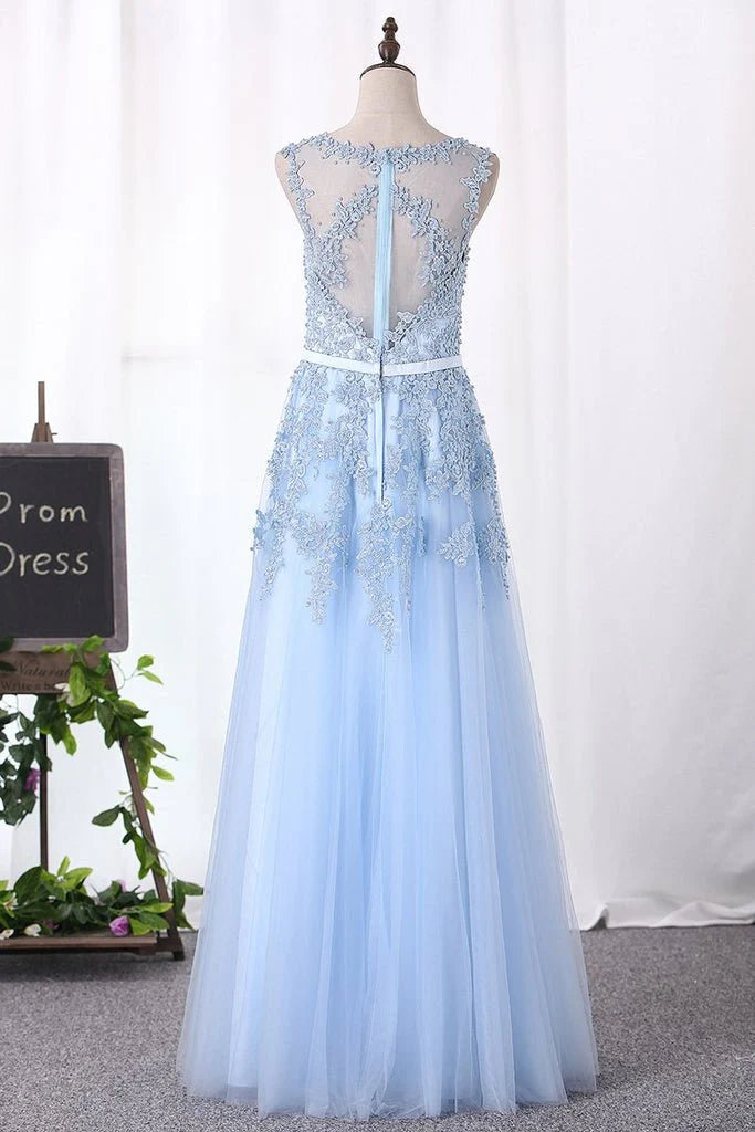 A Line Party Dresses Scoop Tulle With Applique Floor Length