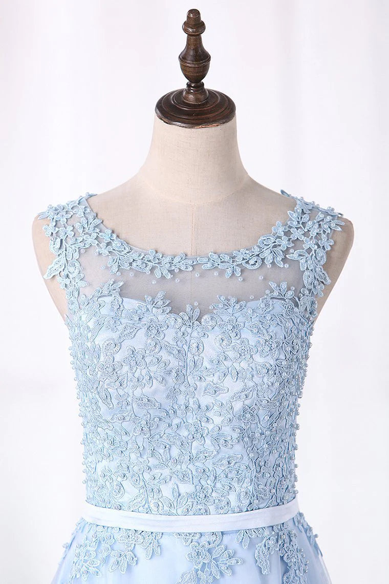 A Line Party Dresses Scoop Tulle With Applique Floor Length
