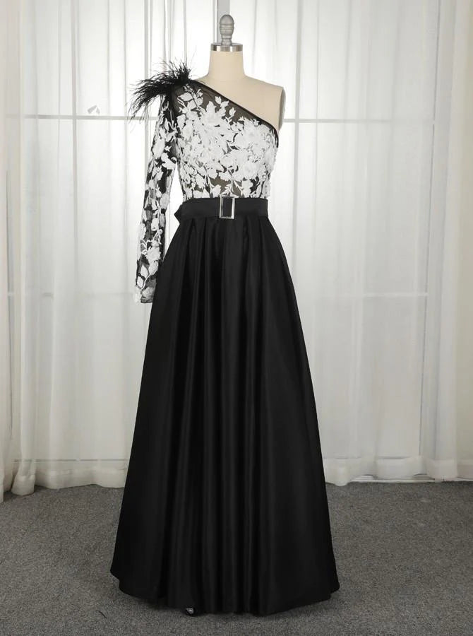 A Line Satin One Shoulder Long Sleeves Split Pockets Prom Dresses With Applique Floor Length