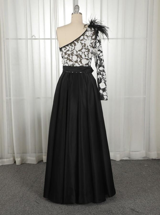 A Line Satin One Shoulder Long Sleeves Split Pockets Prom Dresses With Applique Floor Length