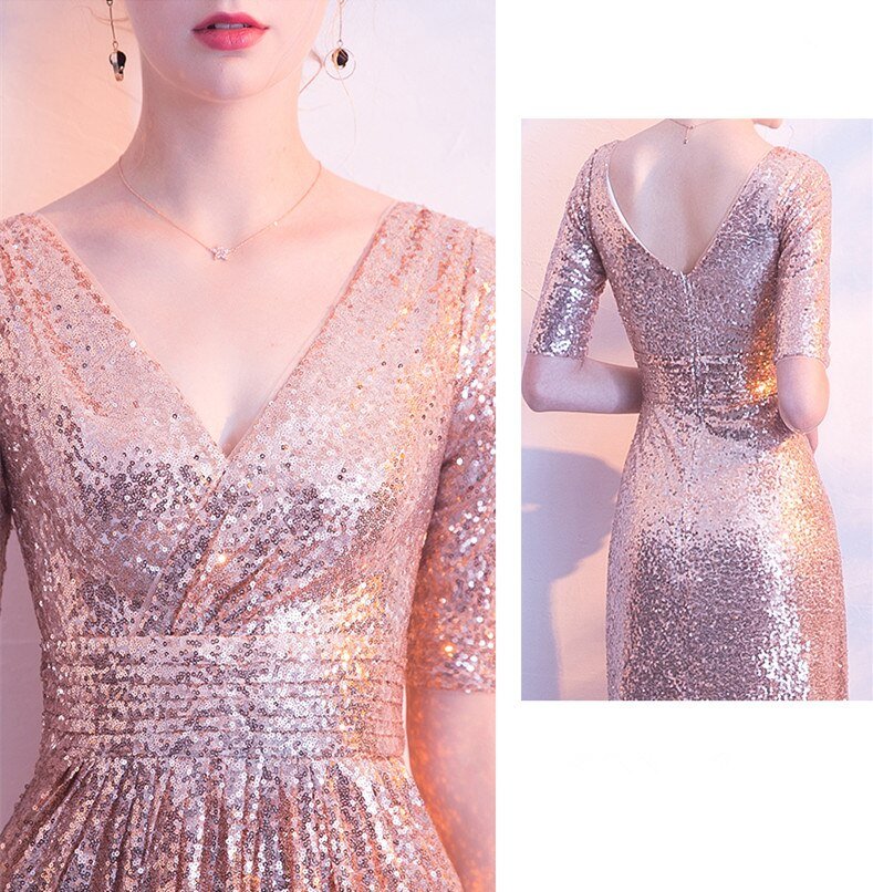 A Line Sequin V Neck V Back Sleeveless Pink Short Sleeves Evening Prom Dresses