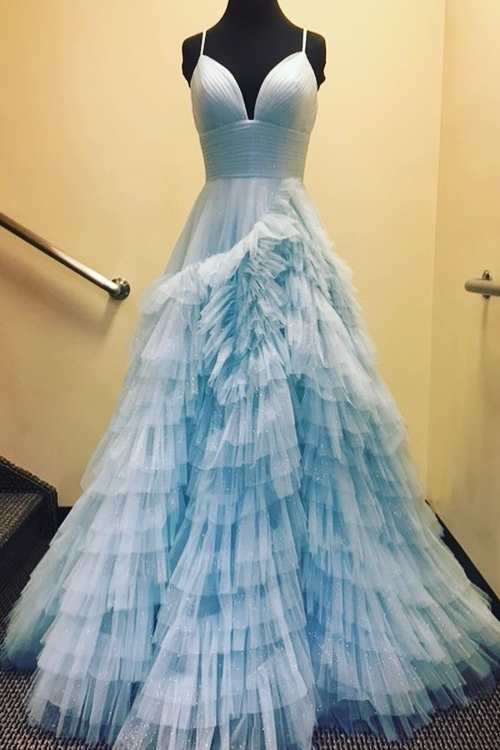 A-Line Spaghetti Straps Tulle Tiered Princecss Prom Dress