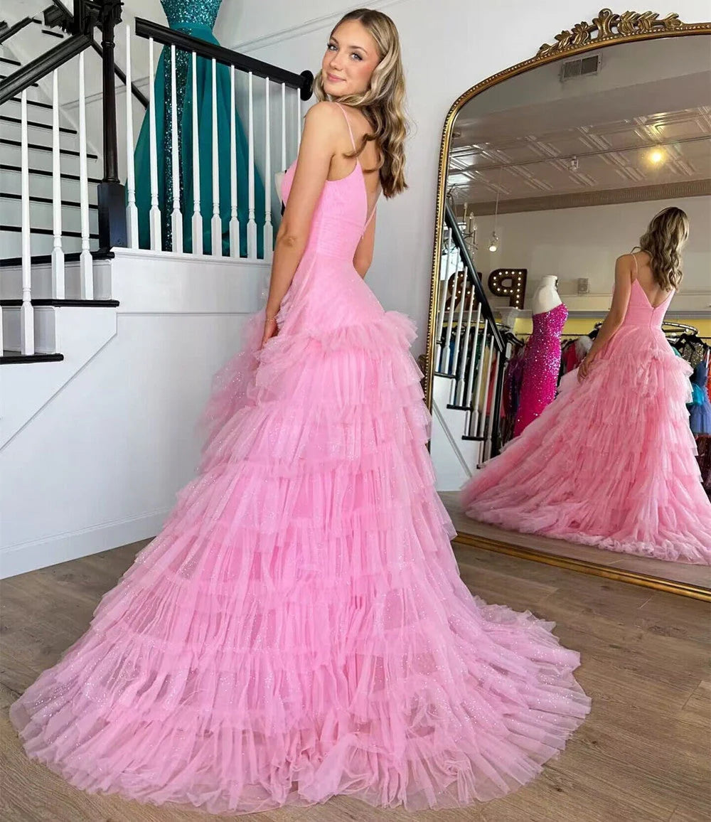 A-Line Spaghetti Straps Tulle Tiered Princecss Prom Dress