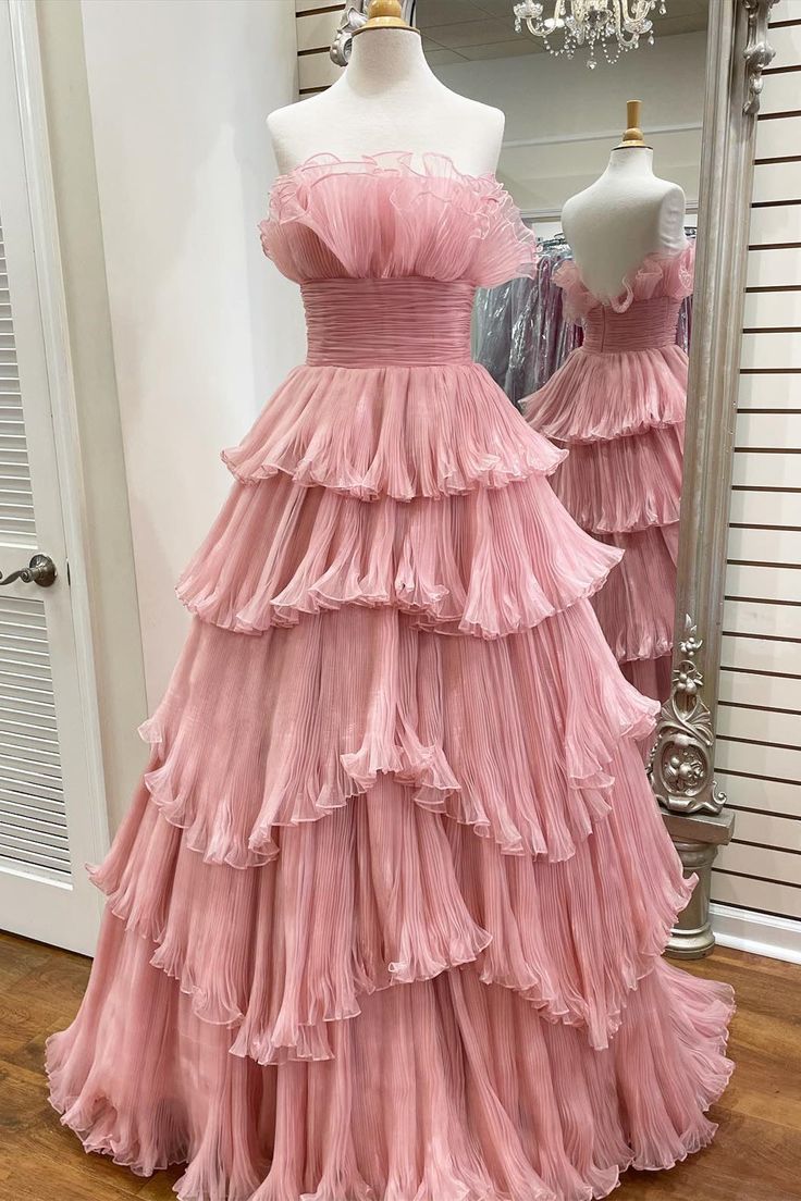 A Line Strapless Princess Tulle Layers Ruffles Long Prom Dress