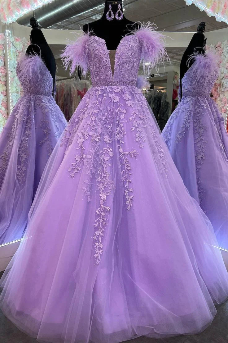 A Line Tulle Appliques Feather Off The Shoulder Prom Dress With Slit