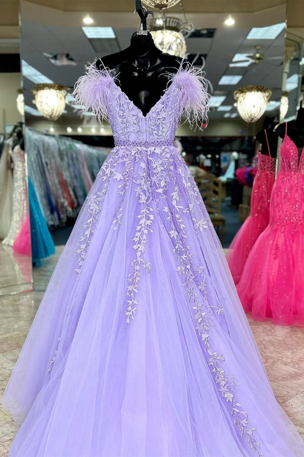 A Line Tulle Appliques Feather Off The Shoulder Prom Dress With Slit
