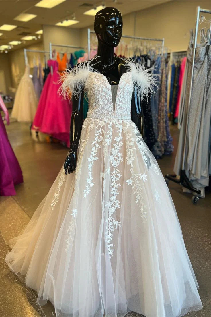 A Line Tulle Appliques Feather Off The Shoulder Prom Dress With Slit