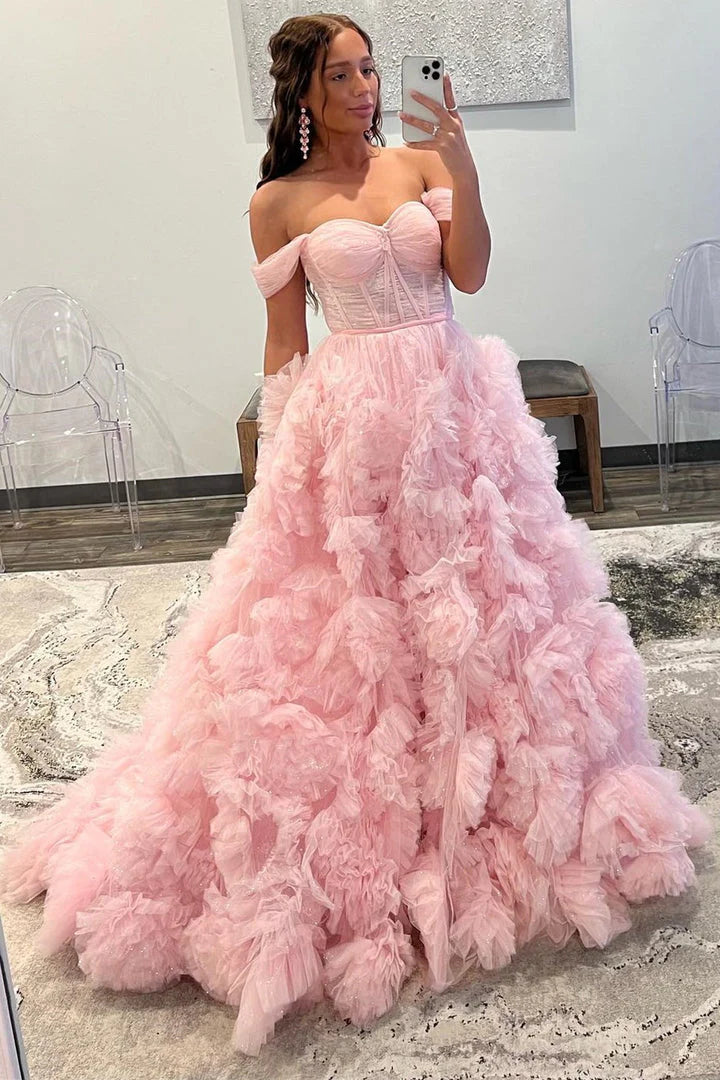 A Line Tulle Off-the-Shoulder Tiered Long Prom Dress with Ruffles