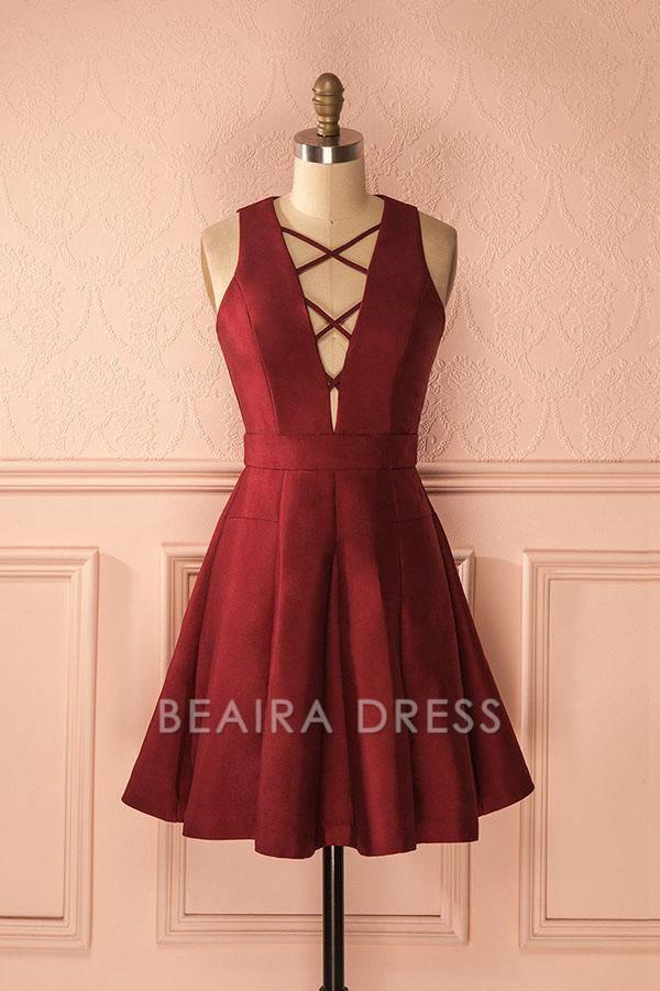 Beaira A-Line Deep V-Neck Sleeveless Lace-up Burgundy Satin Homecoming Dress formal wear dresses