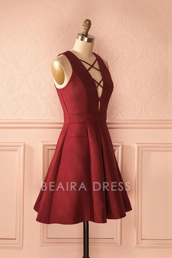 Beaira A-Line Deep V-Neck Sleeveless Lace-up Burgundy Satin Homecoming Dress formal wear dresses