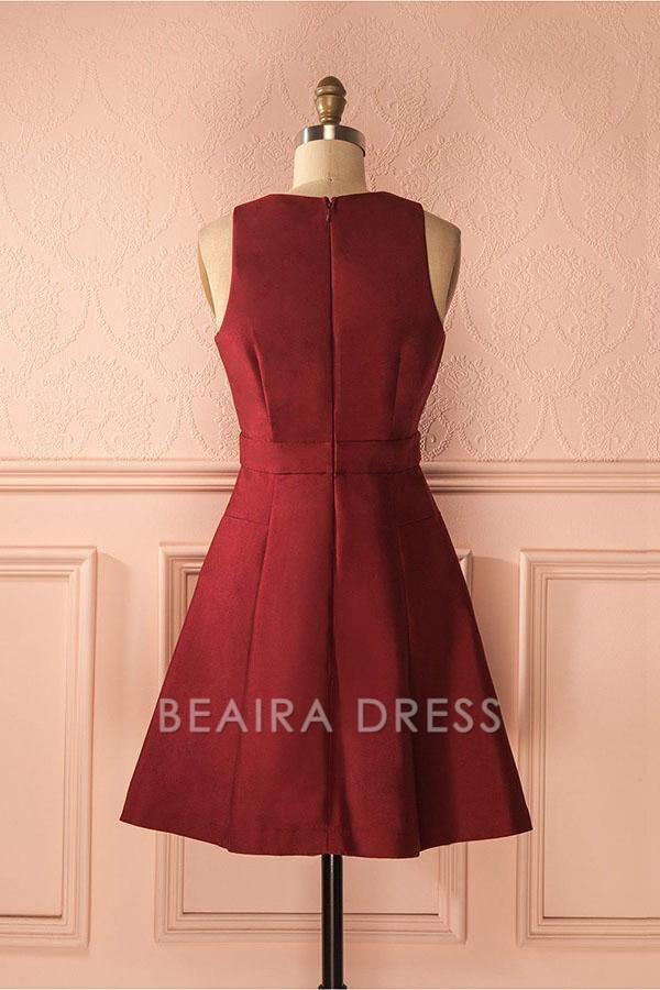 Beaira A-Line Deep V-Neck Sleeveless Lace-up Burgundy Satin Homecoming Dress formal wear dresses