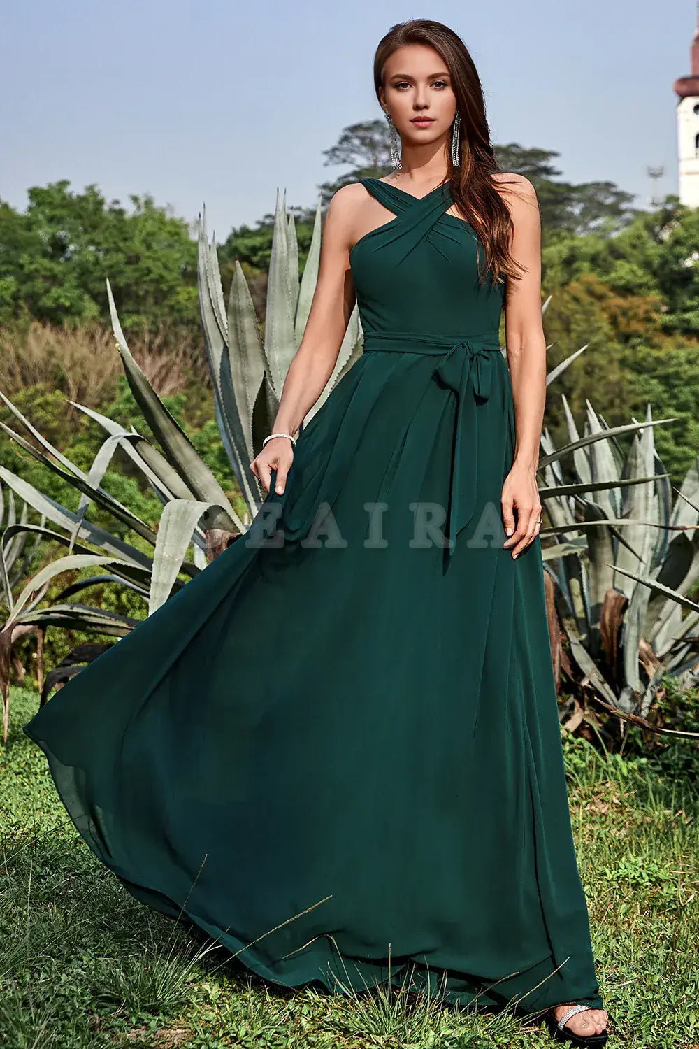 Beaira A-Line Halter Floor-Length Pine Chiffon Bridesmaid Dress Bridesmaid dress shop