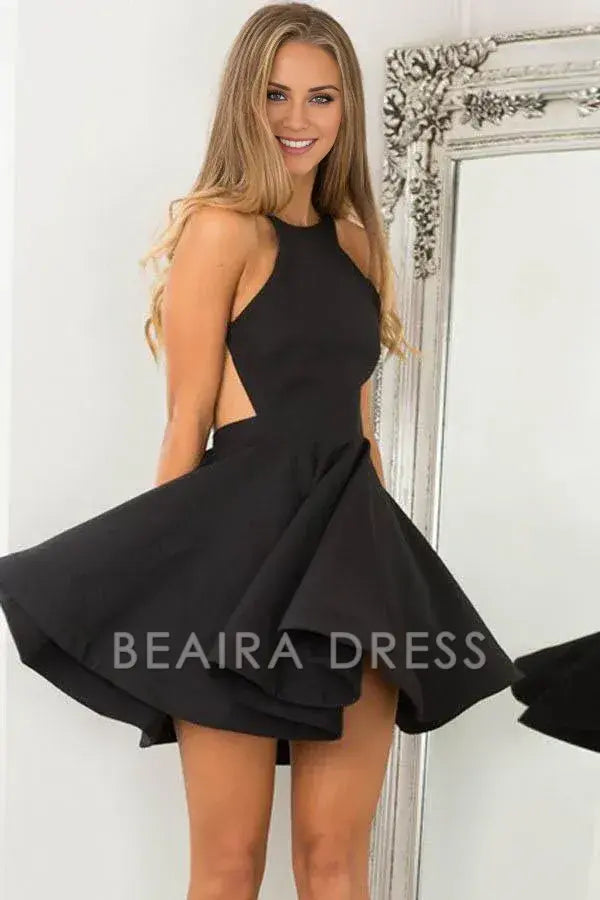 Beaira A-Line Jewel Sleeveless Backless Short Black Satin Homecoming Dress formal wear dresses