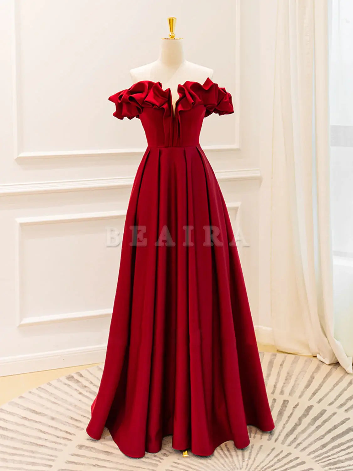 Beaira A-Line Off Shoulder Satin Burgundy Long Prom Dress Burgundy Evening Dresses Bridesmaid dress shop