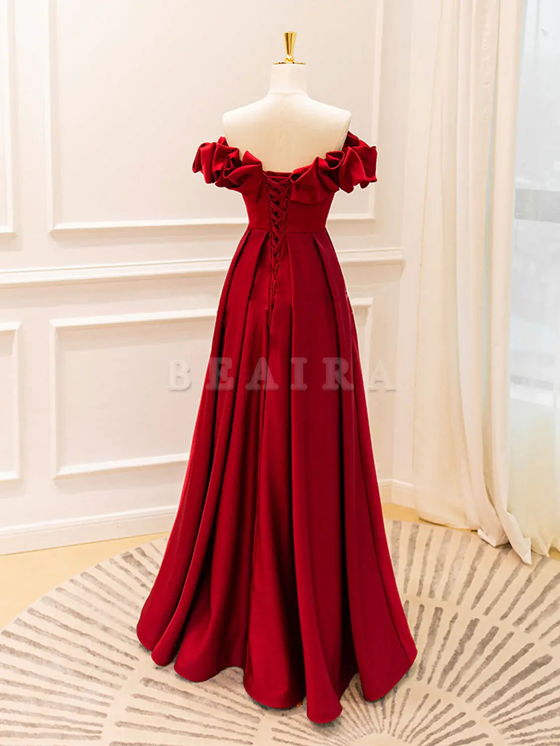 Beaira A-Line Off Shoulder Satin Burgundy Long Prom Dress Burgundy Evening Dresses Bridesmaid dress shop