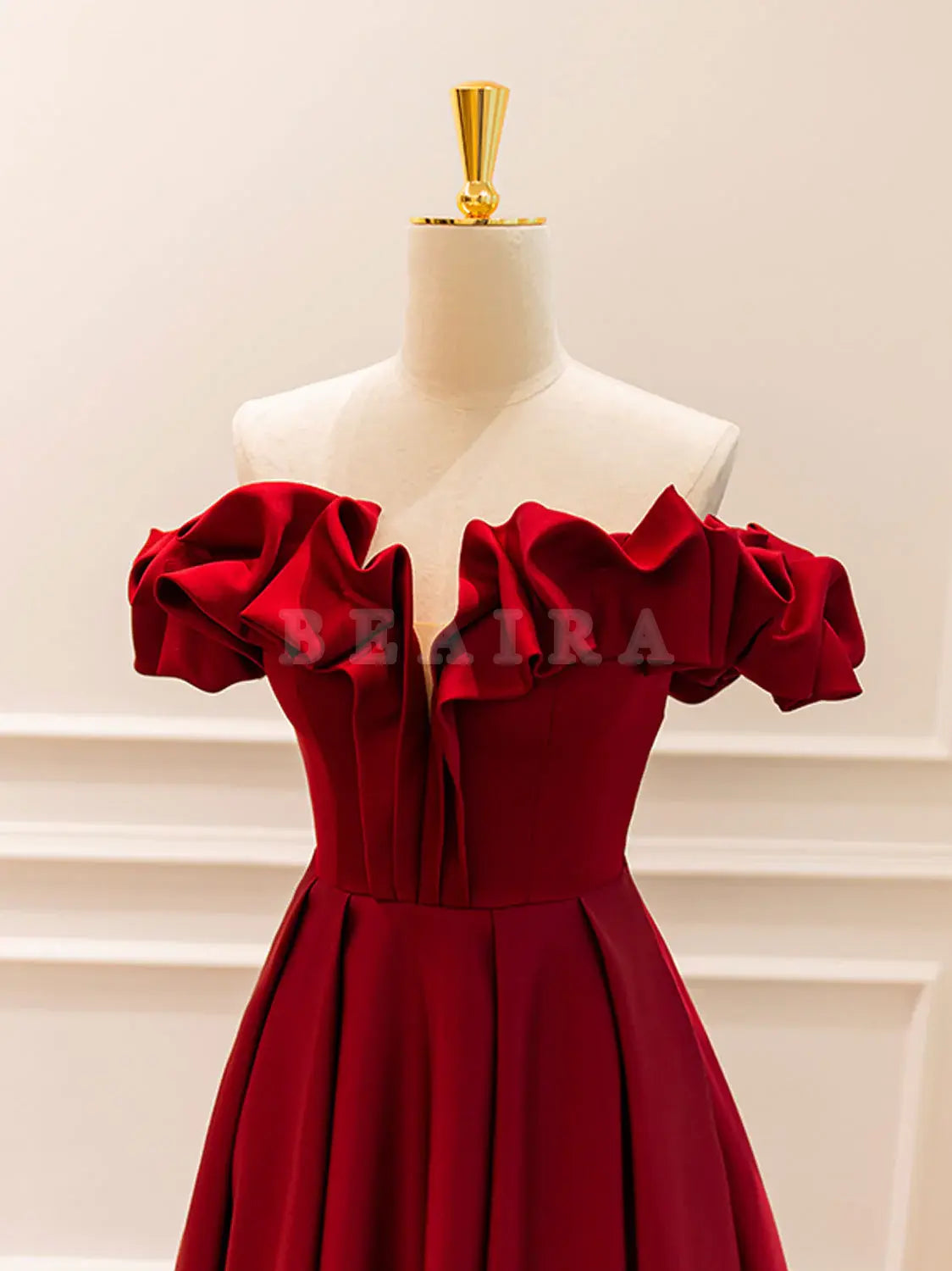 Beaira A-Line Off Shoulder Satin Burgundy Long Prom Dress Burgundy Evening Dresses Bridesmaid dress shop