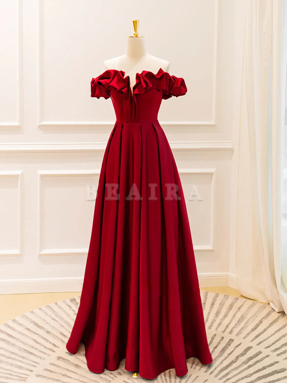 Beaira A-Line Off Shoulder Satin Burgundy Long Prom Dress Burgundy Evening Dresses Bridesmaid dress shop
