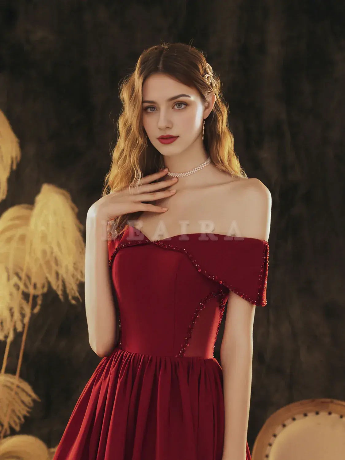 Beaira A-Line Off Shoulder Satin Burgundy Long Prom Dress Burgundy Formal Evening Dress Bridesmaid dress shop