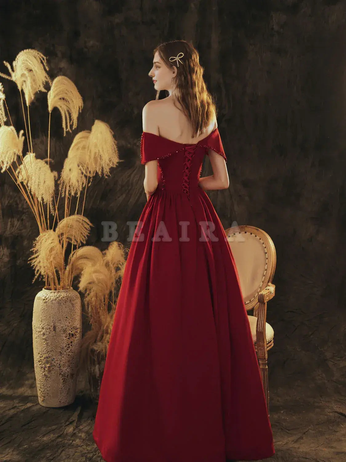 Beaira A-Line Off Shoulder Satin Burgundy Long Prom Dress Burgundy Formal Evening Dress Bridesmaid dress shop